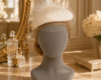 Ivory Sinamay Fascinator Hat for Women, Feather Pillbox Veil Headpiece, Kentucky Derby Wedding Guest Tea Party Hat