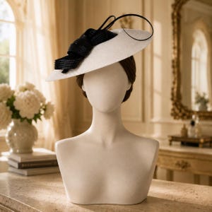 Peut inclure: Un chapeau à large bord doté d'une base en paille blanche et d'un nœud en paille noire proéminent. Le design comprend une fine boucle en fil noir incurvée s'étendant vers le haut depuis le centre du nœud, créant une silhouette structurée.