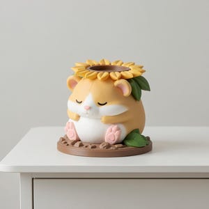 May include: A decorative figurine of a tan and white hamster with closed eyes, sitting on a brown base. The hamster is topped with a large yellow sunflower head that features a circular opening in the center, surrounded by green leaves.