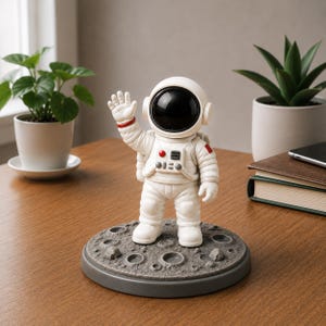 Könnte beinhalten: Eine weiße Astronautenfigur, die auf einer grauen, kraterartigen runden Basis steht. Der Astronaut hat ein schwarzes Visier, einen roten Knopf auf der Brust und winkt mit der rechten Hand. Der Anzug weist detaillierte geformte Texturen auf.