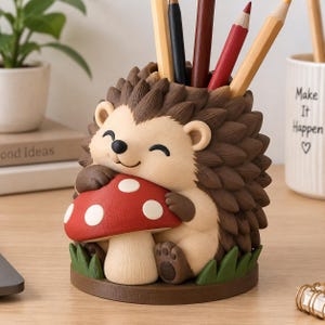 May include: A brown and cream hedgehog-shaped pencil holder featuring a smiling hedgehog hugging a red mushroom with white spots. The hedgehog has textured quills and sits on a circular base with green grass accents, holding several colored pencils.