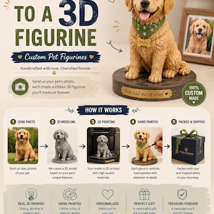 May include: A custom 3D figurine of a golden retriever dog sitting on a circular base with the text 'You had me at woof.' The dog wears a green bandana with a white paw print pattern and a bone-shaped tag labelled 'MAX' around its neck.