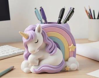 Magischer Einhorn-Regenbogen-Stiftehalter, handbemalt, Schreibtisch-Organizer, Fantasie-Schreibtischskulptur