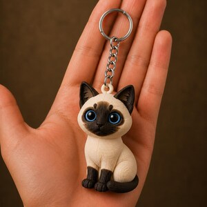 Hand-Painted Siamese Cat Keychain, 3D Printed Kitten Charm, PLA Pet Lover Accessory