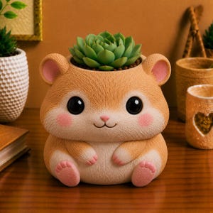 May include: A tan and cream-coloured hamster-shaped planter featuring large black eyes, pink cheeks, and small paws. A green succulent plant is potted inside the top of the hamster figure, which has a textured surface resembling fur and rounded ears.
