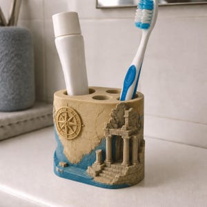 Lost Atlantis Cartographer Toothbrush Holder - Hand Painted Mythical Bathroom Decor and Unique 3D Printed Sink Organizer