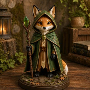 Könnte beinhalten: Eine Fuchsfigur auf einem runden Sockel, bekleidet mit einem grünen Kapuzenumhang mit goldenen Blattmustern und einem braunen Gürtel. Der Fuchs hält einen hölzernen Stab mit einem grünen Kristall an der Spitze. Der Sockel ist mit Steinen verziert.