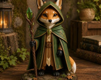 Könnte beinhalten: Eine Fuchsfigur auf einem runden Sockel, bekleidet mit einem grünen Kapuzenumhang mit goldenen Blattmustern und einem braunen Gürtel. Der Fuchs hält einen hölzernen Stab mit einem grünen Kristall an der Spitze. Der Sockel ist mit Steinen verziert.