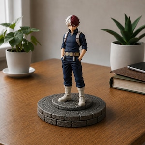 May include: A standing anime character figurine with split white and red hair, wearing a dark blue long-sleeved uniform, a tan utility belt, and light-coloured boots. The figure is mounted on a circular, textured grey stone-patterned base.