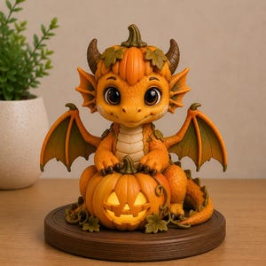 Könnte beinhalten: Eine orangefarbene Drachenfigur mit großen dunklen Augen, kleinen Hörnern und Flügeln, die auf einem leuchtenden Kürbis-Lampion sitzt. Der Drache ist mit kleinen grünen Blättern verziert und steht auf einem runden braunen Sockel.