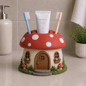 May include: A mushroom-shaped toothbrush and toothpaste holder with a red cap featuring white spots. The base resembles a small house with a brown arched door, two windows with flower boxes, and green grass. It holds a blue toothbrush, a beige toothbrush, and a white tube labelled TOOTHPASTE.