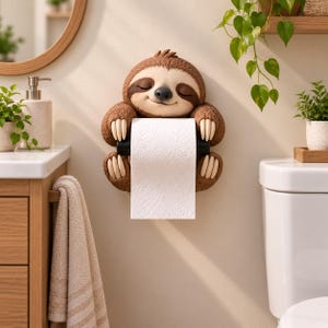 May include: A wall-mounted toilet paper holder shaped like a brown sloth with closed eyes and a gentle smile. The sloth has textured fur, light-coloured claws, and holds a black horizontal rod that supports a roll of white toilet paper.