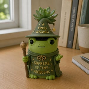 May include: A green frog-shaped planter wearing a wizard hat with the text FROG WIZARD and a robe with the text SUPREME OF TINY PROBLEMS. The frog holds a brown staff with a star topper, and a green succulent plant sits inside the hat opening.