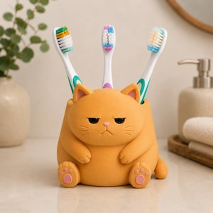 May include: A matte orange cat-shaped toothbrush holder with a grumpy facial expression, small ears, and pink paw pads on its feet. The holder contains three toothbrushes with white handles and bristles in yellow, green, blue, and purple colors.