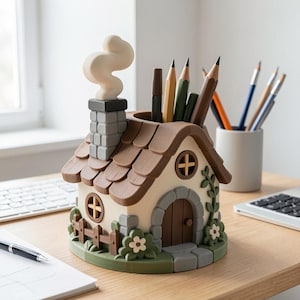May include: A house-shaped desk organizer with a brown shingled roof, a gray stone chimney with white smoke, and a central opening for pens. The exterior features a brown door, circular windows, a small wooden fence, and green floral accents.