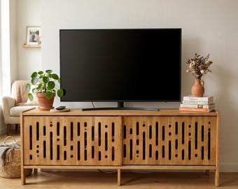 Mid Century TV Stand, Sliding Door Media Console, Geometric Wood Entertainment Center
