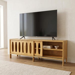 Mid Century TV Stand, Solid Wood Entertainment Center, Sliding Door TV Unit