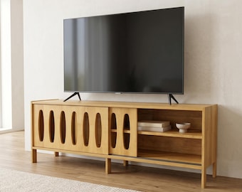 Meuble TV Mid-Century, Système de divertissement en bois massif, Meuble TV à porte coulissante