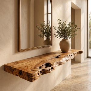 May include: A live edge wooden floating shelf with a natural grain and knot details, mounted on a beige wall. Above the shelf sits a beige ceramic vase containing green leafy branches, positioned below an arched mirror with a thin gold frame.
