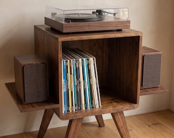 Large Record Player Cabinet: Mid Century Solid Pine Wood Turntable Stand with Vinyl Storage