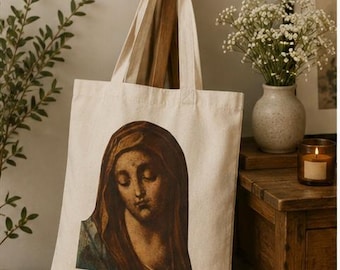 Blessed Virgin Mary Miraculous Medal Tote Bag  Religious Art Canvas Bag Catholic Gift For Him and Her Christian Shopper Bag Two Sided Print