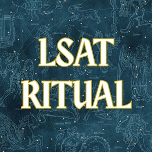 May include: A dark teal rectangular poster featuring the white text LSAT RITUAL centered in the middle. The background displays a detailed celestial map with golden star constellations, zodiac figures, and thin grid lines along the top and bottom.