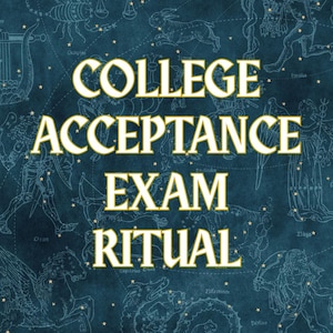 May include: A dark blue rectangular print featuring a celestial map background with white line drawings of various constellations and zodiac signs. The text "COLLEGE ACCEPTANCE EXAM RITUAL" is printed in large, bold, white capital letters in the centre.