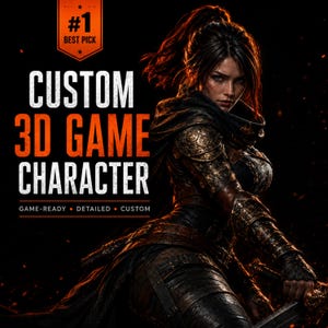 May include: A digital illustration of a fantasy warrior in dark, ornate armour with a sword, set against a black background. Text reads #1 BEST PICK, CUSTOM 3D GAME CHARACTER, GAME-READY, DETAILED, CUSTOM in white and orange lettering.