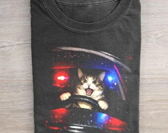 Cat Driving Police Chase Shirt, Funny Cat Driving Car T-Shirt, Unhinged Cat Meme Lover Gift, Sarcastic Driving Graphic Tee, Vintage Shirt