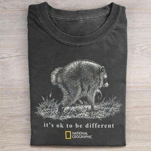 May include: A charcoal gray crew neck t-shirt featuring a white line-art illustration of a raccoon walking through grass. Below the graphic, the text reads "it's ok to be different" followed by the National Geographic logo and brand name.