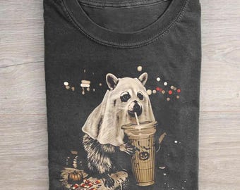 Cute Ghost Raccoon Halloween Shirt, Iced Coffee Ghost T-Shirt, Funny Spooky Season Gift, Vintage Halloween Coffee Tee, Retro Graphic Shirt