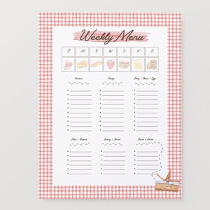 May include: A weekly menu planner sheet with a pink and white gingham border. The header reads Weekly Menu above a row of days of the week with small food illustrations. Below are six categorized columns with bulleted lines for writing lists.