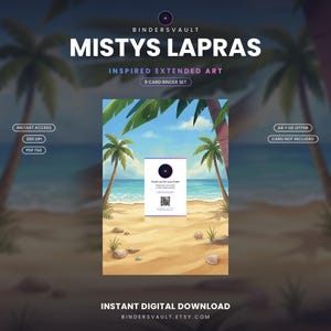 May include: A digital download featuring a tropical beach scene with palm trees and sand, designed for a 9-card binder set. The center includes a white card with a circular logo, text reading Thank you for your order, and a QR code.