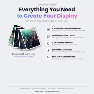 May include: A digital download product display featuring the text Everything You Need to Create Your Display. It includes 9 printable extended-art panels, standard and Vault X sizes, A4 and US letter formats, instant PDF download, and cut guides.