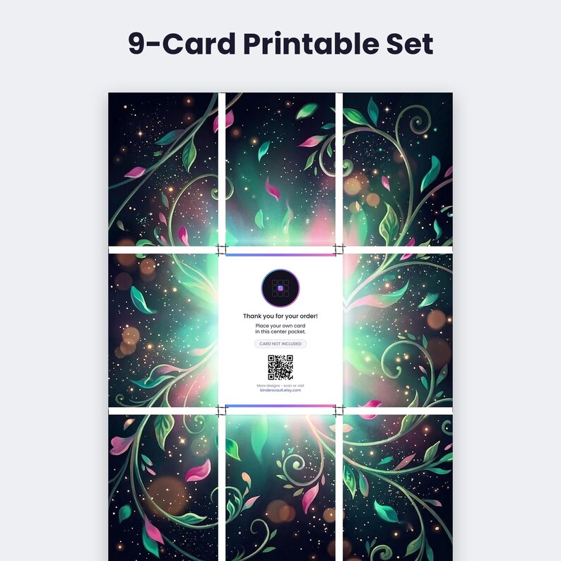 May include: A 9-card printable set featuring a dark background with glowing teal and pink swirling vines, leaves, and sparkles. The center card includes a circular icon, the text Thank you for your order! Place your own card in this center pocket, a QR code, and the text CARD NOT INCLUDED.
