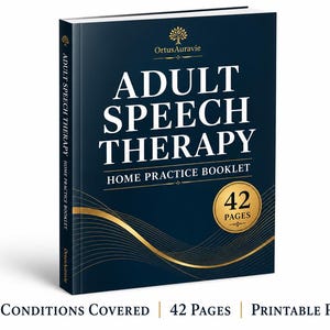 May include: A dark blue book titled Adult Speech Therapy Home Practice Booklet with a gold tree logo and a gold circular badge stating 42 Pages. The cover features gold wave lines and the text 7 Conditions Covered, 42 Pages, Printable PDF.