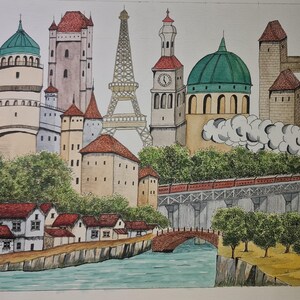Pode incluir: Uma ilustração detalhada em aguarela que retrata uma paisagem urbana com vários marcos arquitetónicos, incluindo a Torre Eiffel, um edifício com cúpula e torres de pedra. Um comboio atravessa uma ponte sobre um rio com casas e árvores.