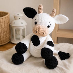 Pode incluir: Um brinquedo de vaca feito à mão em crochê com corpo branco e manchas pretas, focinho bege e dois pequenos chifres bege. O brinquedo tem olhos bordados em preto, cascos pretos nos braços e pernas e uma cauda longa com uma borla preta.