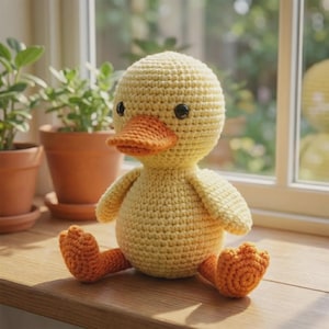 Puede incluir: Un pato de ganchillo hecho a mano con un cuerpo redondo amarillo, un pico naranja brillante y patas palmeadas naranjas. El pato tiene dos pequeños ojos de cuentas negras y está elaborado con un patrón de punto visible, sentado.