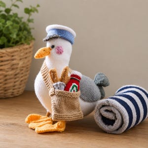 Seagull Knitting Pattern PDF, Cute Seagull Plush Toy with Fish Bag, Coastal Bird Knit Pattern, Nautical Nursery Decor, DIY Gift