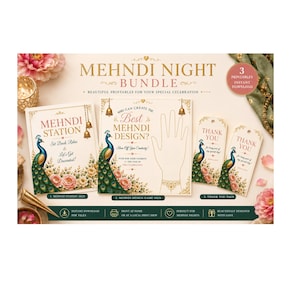 Pacchetto stampabile per la serata Mehndi / Cartello per la postazione Mehndi / Giochi per la festa dell'henné / Decorazioni per addio al nubilato a tema pavone / Giochi per matrimoni sud-asiatici / Benvenuto