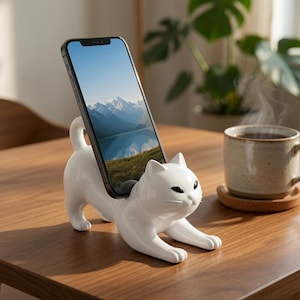 Könnte beinhalten: Ein weißer Handyhalter aus Keramik in Form einer Katze mit glatter, glänzender Oberfläche. Die Katze ist in einer Dehnpose dargestellt, wobei der gewölbte Rücken das Smartphone aufrecht hält. Das Design umfasst spitze Ohren und einen Schwanz.
