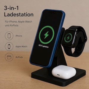 3-in-1 Ladestation Schwarz | Handy Watch AirPods Halter Gaming