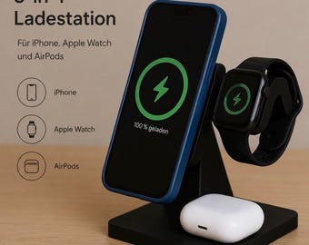 Modern 3-in-1 Ladestation 3D Gedruckt | Handy Smartwatch AirPods Halter | Minimalist Black Charging Stand