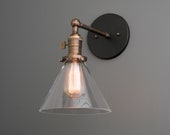 Wall Lamp - Wall Vanity Light - Sconces - Industrial Fixture - Clear Cone Shade - Adjustable Sconce