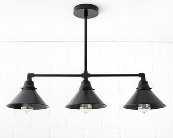 Industrial Kitchen - Three Bulb Pendant Light - Black Shade Chandelier - Hanging Lamp - Black Island Light - Bar Lighting - Model No. 2433