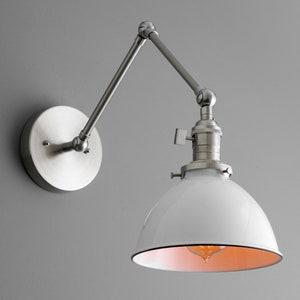 White Shade Light Modern Farmhouse Industrial Lighting Articulating Wall Light Light Fixture Model No. 8551 Brushed Nickel