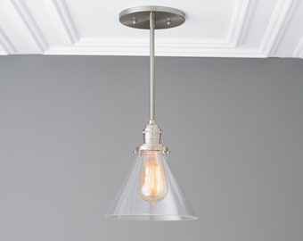 Glass Shade - Drop Ceiling Light - Industrial Lighting - Silver Pendant Light - Brushed Nickel - Island Light - Lighting - Model No. 3424