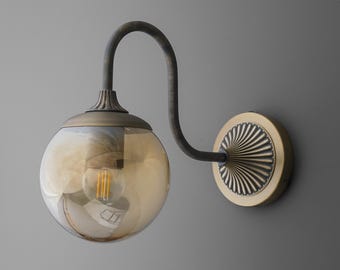 Sconce Light-Amber Glass Sconce-Brass Wall Sconce-Industrial Sconce - Model No. 1087