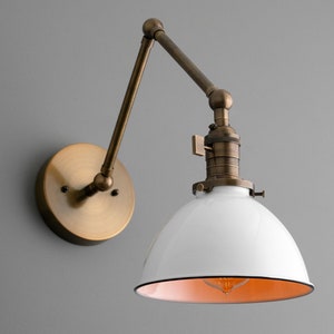 White Shade Light Modern Farmhouse Industrial Lighting Articulating Wall Light Light Fixture Model No. 8551 Antique Brass